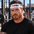 AI-generated original adult male bodybuilder wearing W8WOLF Bold Repeat Bandana White as a headband in an urban gym. Actual white fabric and repeated original black wolf red barbell8 WOLF artwork retained with natural folds. Shirt styling only.