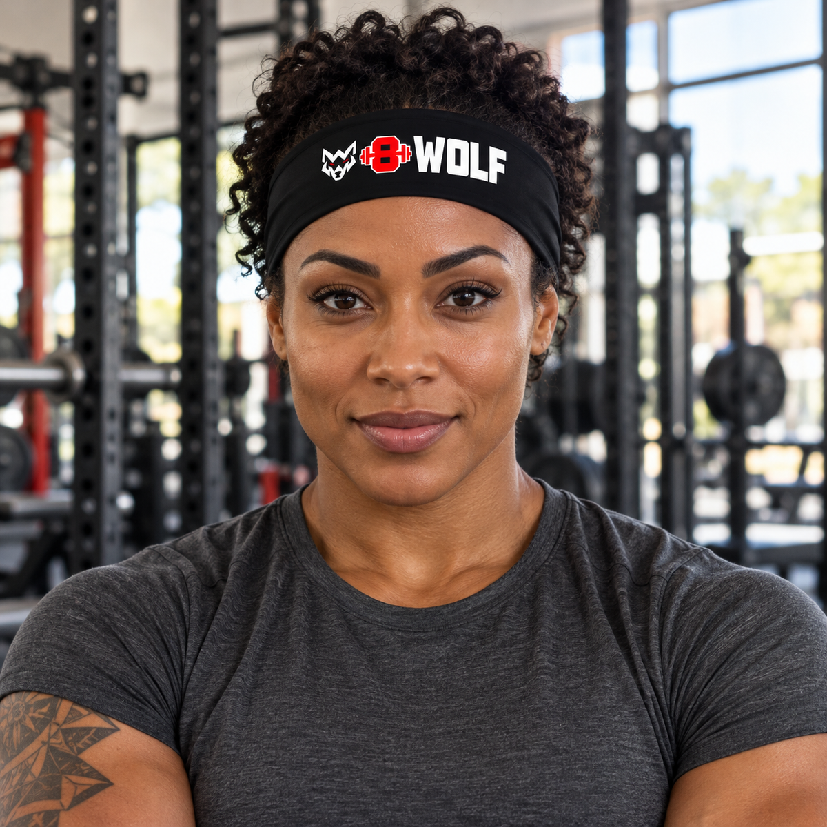 AI-generated original adult tattooed female bodybuilder wearing W8WOLF Logo Training Headband Black in an urban strength gym. Actual black stretch fabric and original white wolf red eyes red barbell8 WOLF design retained. Shirt styling only.