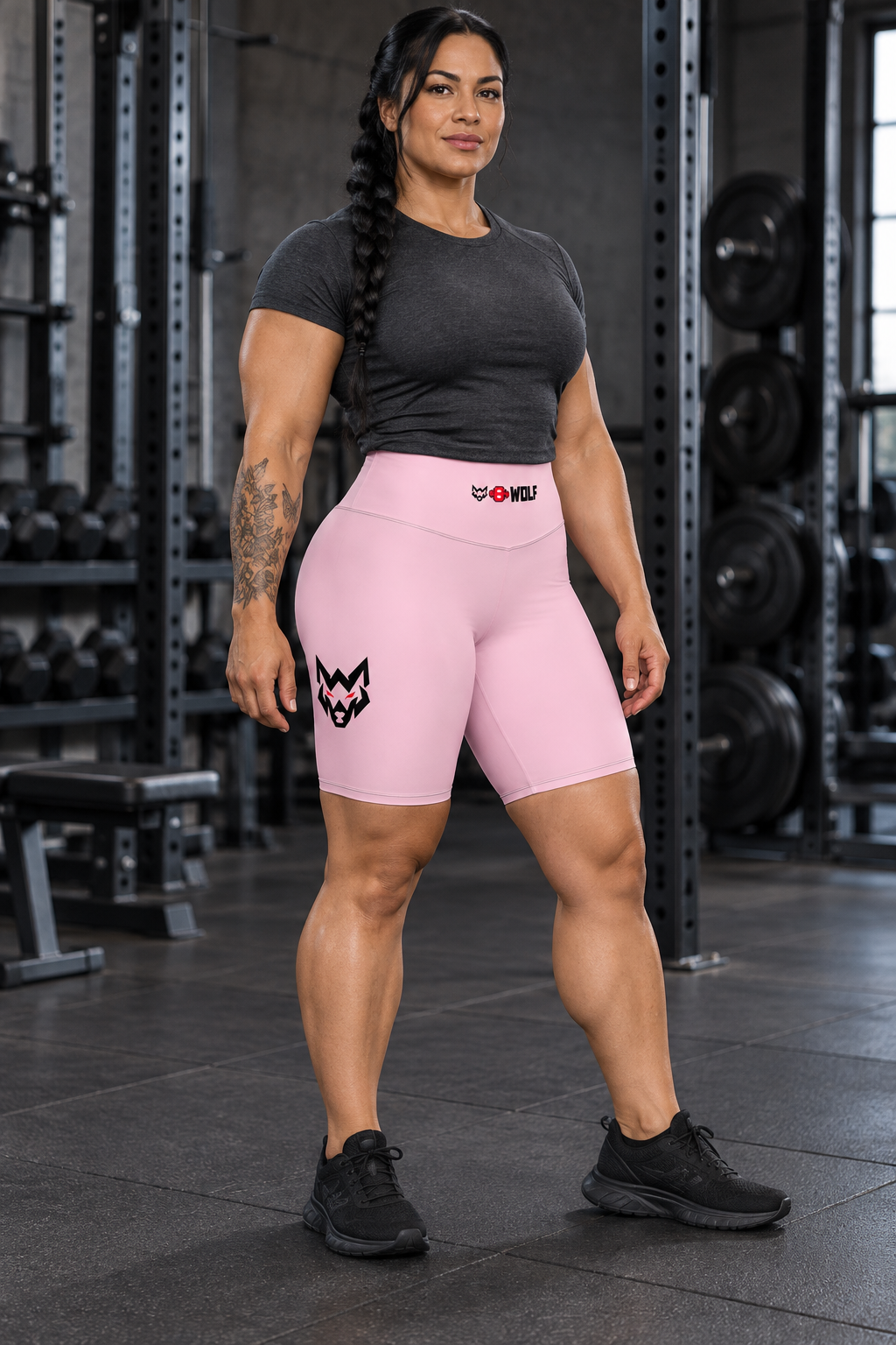 AI-generated original adult tattooed female powerlifter wearing W8WOLF Womens Biker Shorts Blush in an urban gym. Actual high waist blush construction small original waistband wordmark and right thigh black wolf red eyes retained. Tee and shoes styling only.