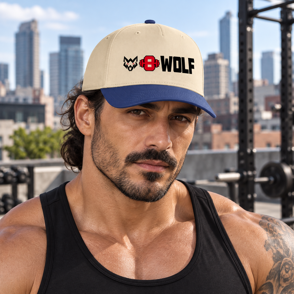 AI-generated original adult tattooed male bodybuilder wearing Royal Natural W8WOLF Bold Logo Baseball Cap at an urban rooftop gym. Actual cream crown royal blue brim and original black wolf red eyes red barbell8 WOLF artwork retained. Tank styling only; other cap colors preserved.