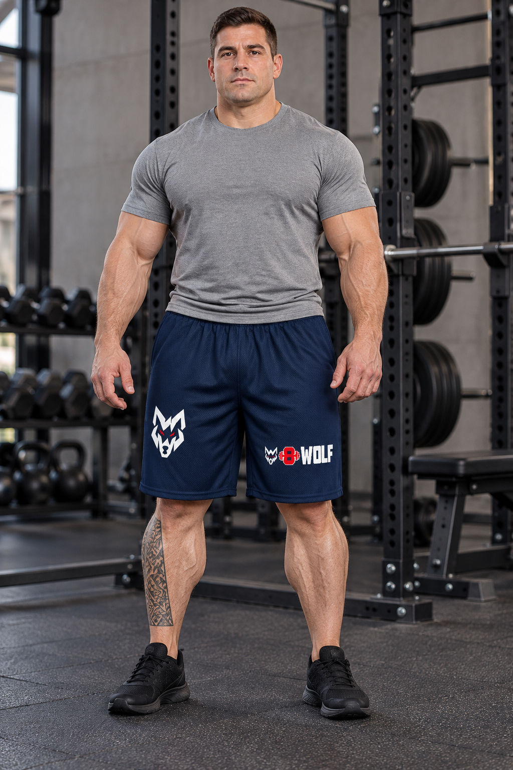 AI-generated original adult tattooed male powerlifter wearing W8WOLF Bold Mesh Training Shorts Navy in an urban gym. Actual navy mesh elastic waist large right-thigh white wolf red eyes and left-thigh original white wolf red barbell8 WOLF print retained. Tee and shoes styling only.