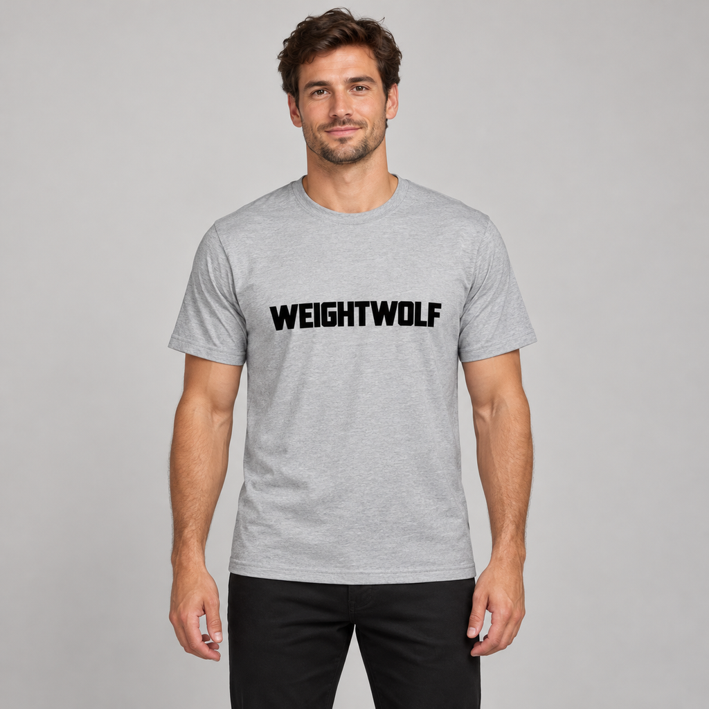AI-generated adult model visualization wearing the Heather Grey WEIGHTWOLF Bold Wordmark Tee with black front lettering; original supplier views of Heather Grey and White are included.