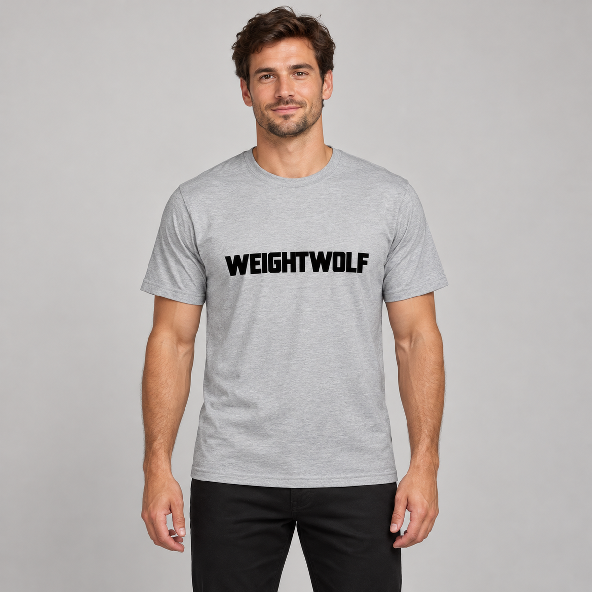 AI-generated adult model visualization wearing the Heather Grey WEIGHTWOLF Bold Wordmark Tee with black front lettering; original supplier views of Heather Grey and White are included.