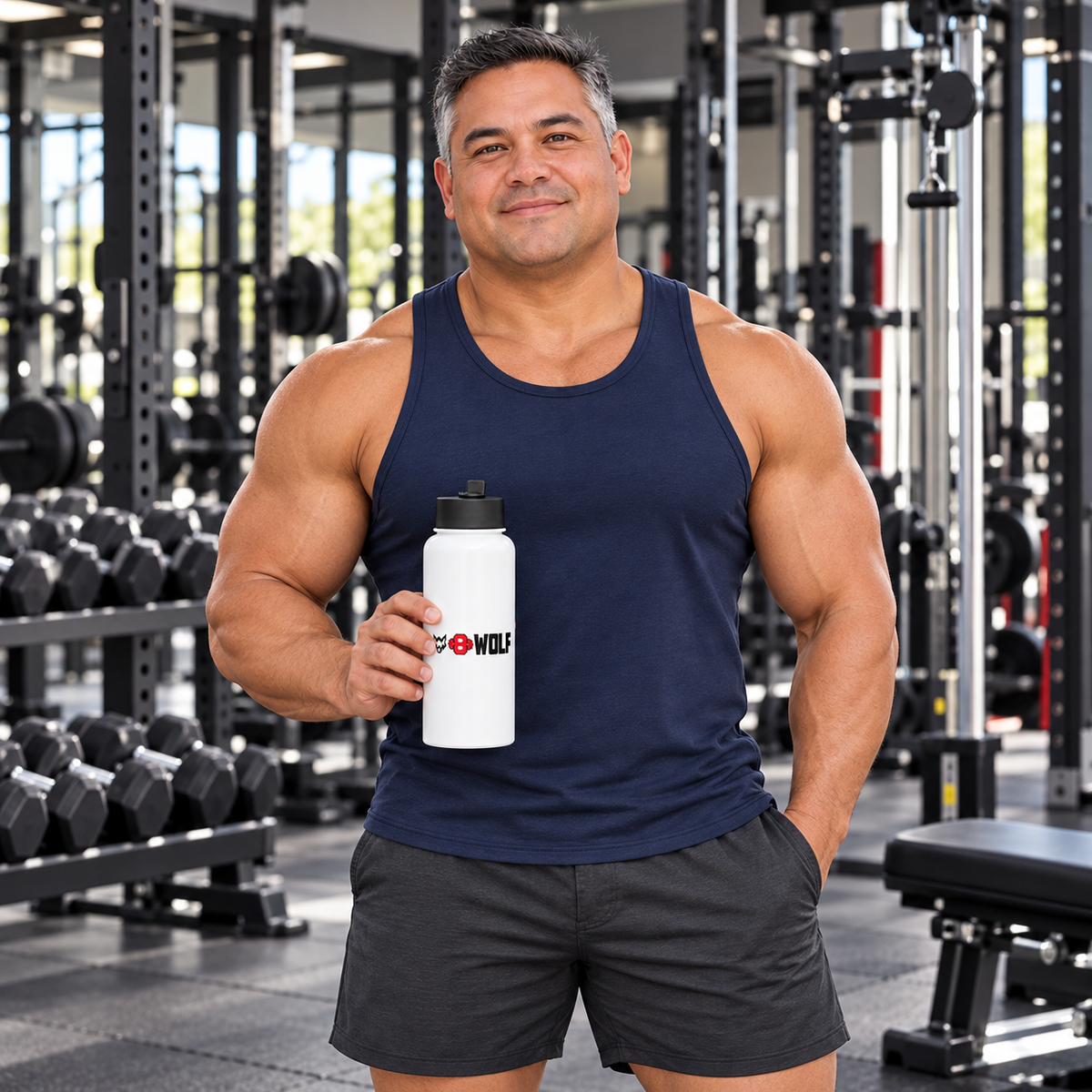 AI-generated original adult bodybuilder model in a bodybuilding gym holding W8WOLF Essentials 32 oz Straw-Lid Water Bottle with original wolf, red barbell 8 and thick WOLF print. All four supplier bottle views retained; training clothing is styling only.