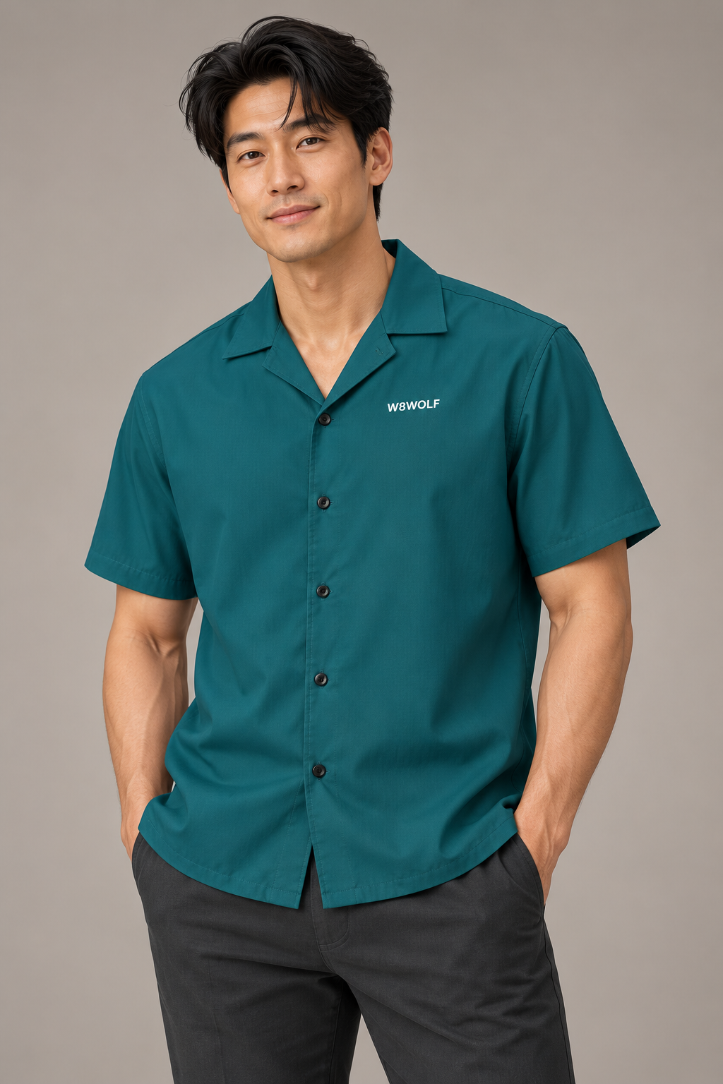 AI model visualization wearing W8WOLF Iron Curl teal button shirt with white chest wordmark; original supplier front and back views included.
