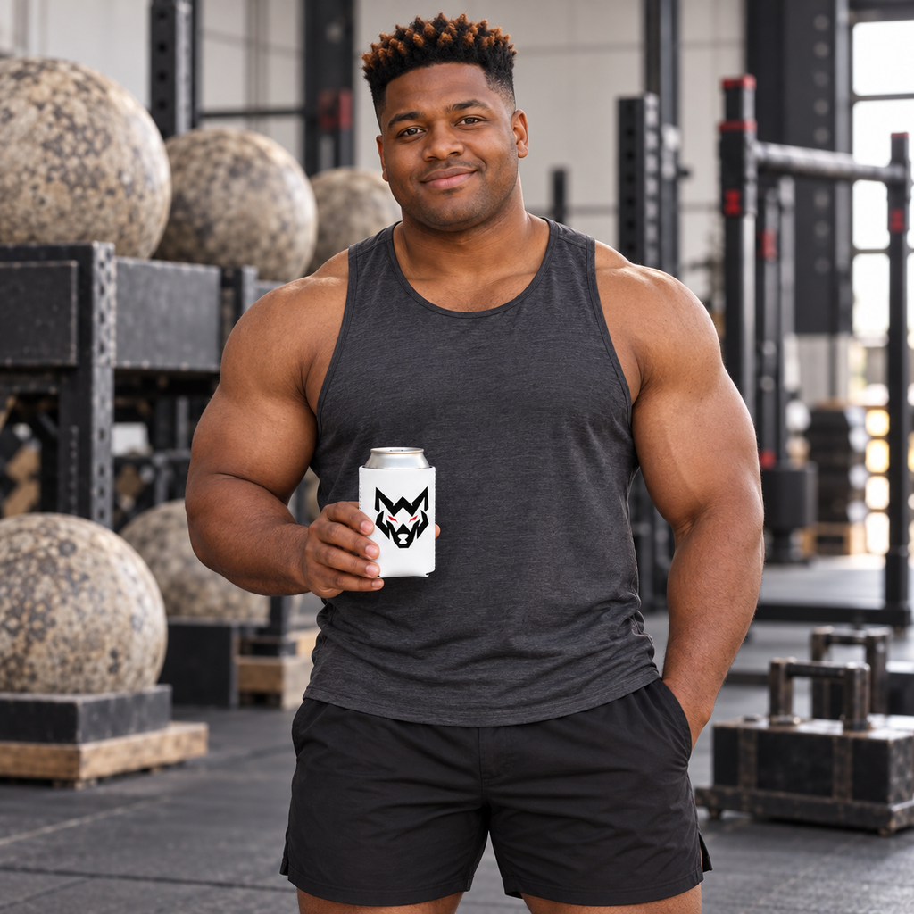 AI-generated original adult strongman model in a strongman gym holding W8WOLF Essentials Wolf Can Cooler with original black wolf and red eyes. Original supplier sleeve photo retained. Can and training clothing are styling only.