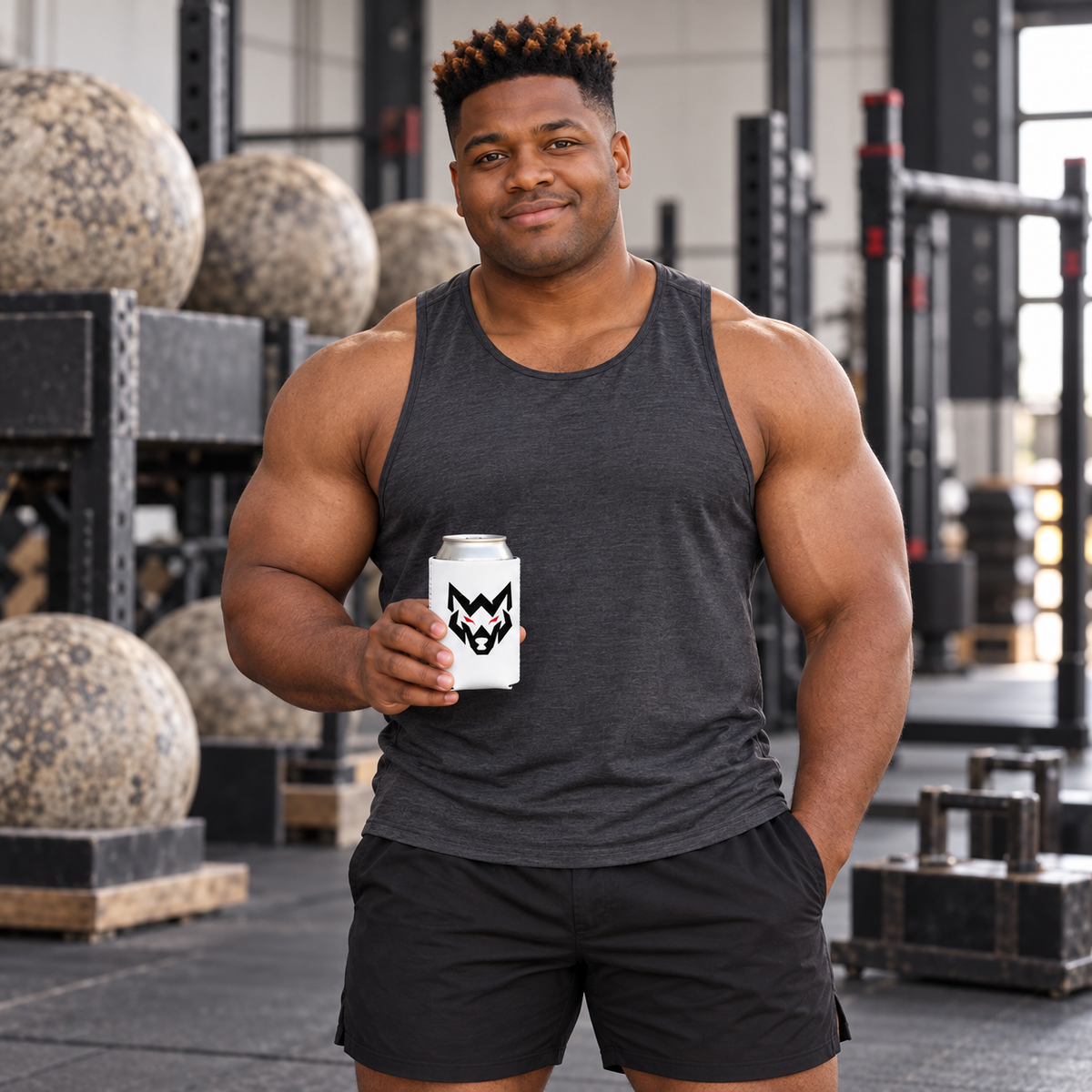 AI-generated original adult strongman model in a strongman gym holding W8WOLF Essentials Wolf Can Cooler with original black wolf and red eyes. Original supplier sleeve photo retained. Can and training clothing are styling only.
