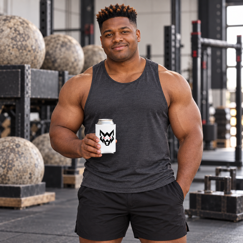 AI-generated original adult strongman model in a strongman gym holding W8WOLF Essentials Wolf Can Cooler with original black wolf and red eyes. Original supplier sleeve photo retained. Can and training clothing are styling only.