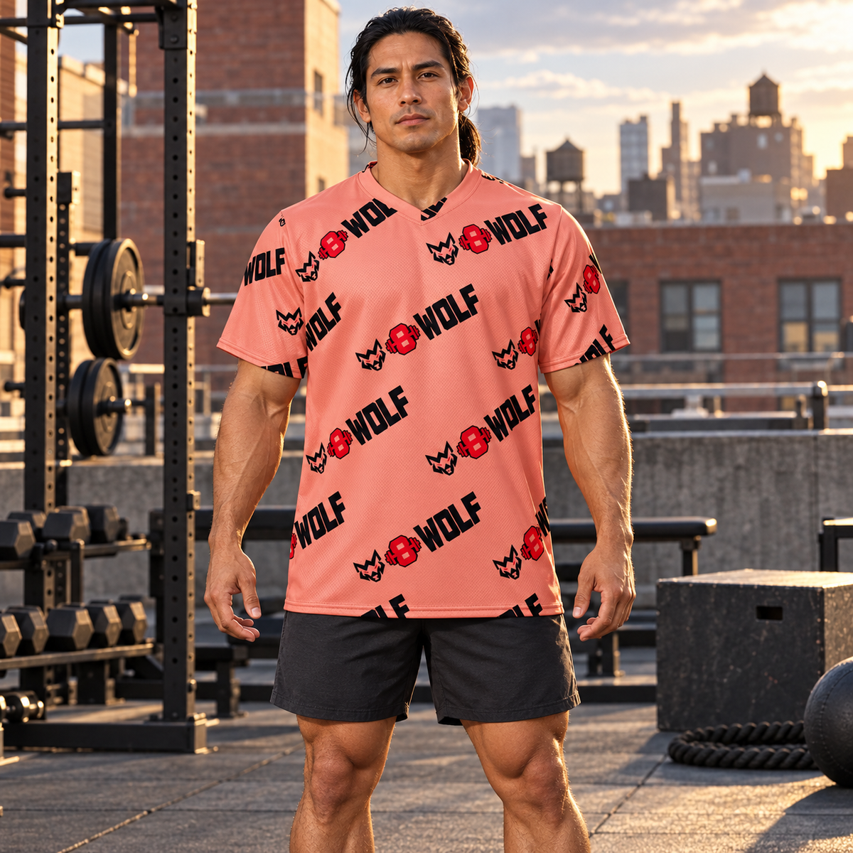 AI-generated original adult male bodybuilder wearing W8WOLF Coral Mega Diagonal Sports Jersey on an urban rooftop training terrace. Actual coral V-neck mesh and original diagonal wolf, red barbell 8 and WOLF artwork retained. Charcoal shorts are styling only.