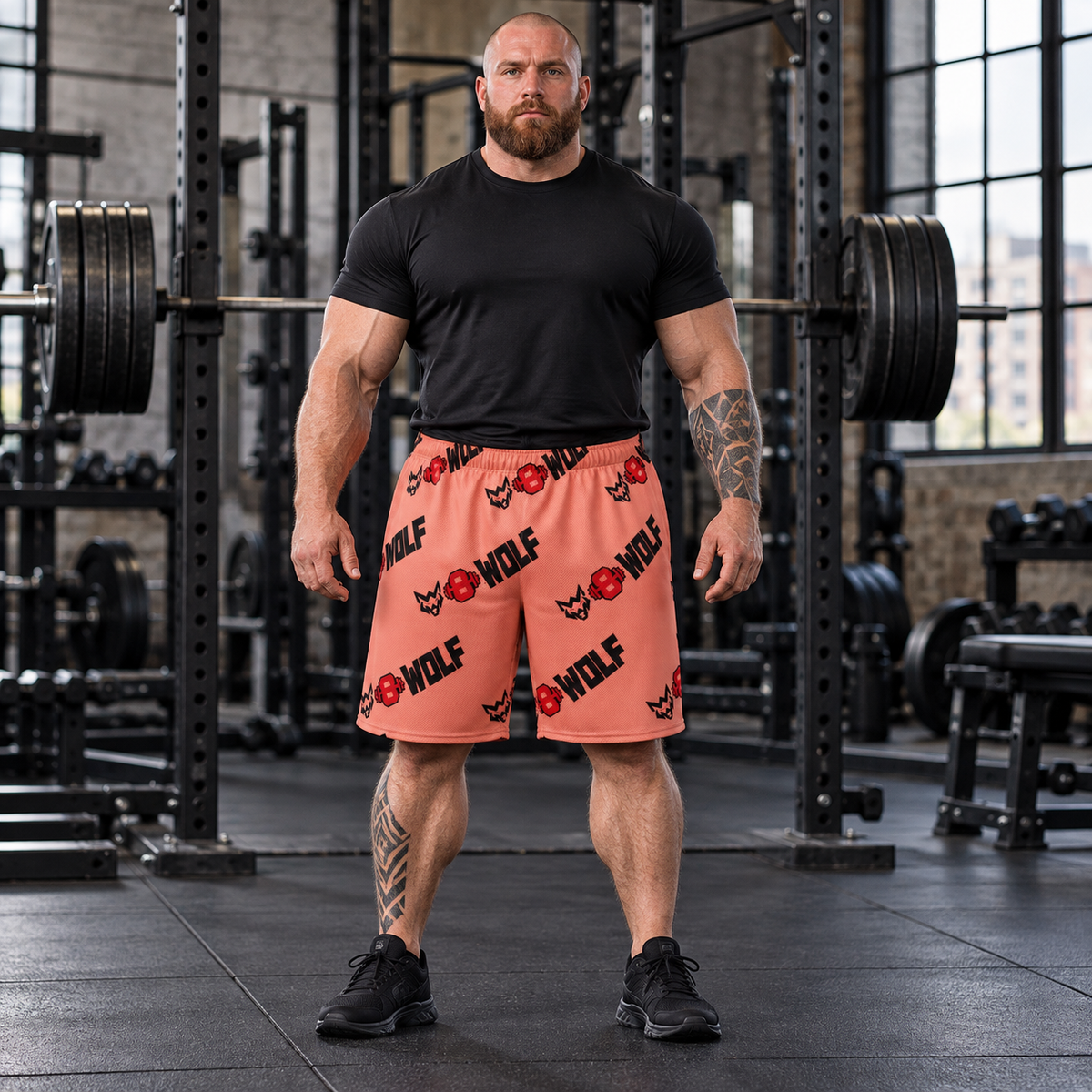 AI-generated original adult tattooed male powerlifter wearing W8WOLF Coral Mega Diagonal Mesh Shorts in an industrial strength gym. Original coral mesh, diagonal wolf, red barbell 8 and WOLF print retained. Black tee and trainers are styling only.