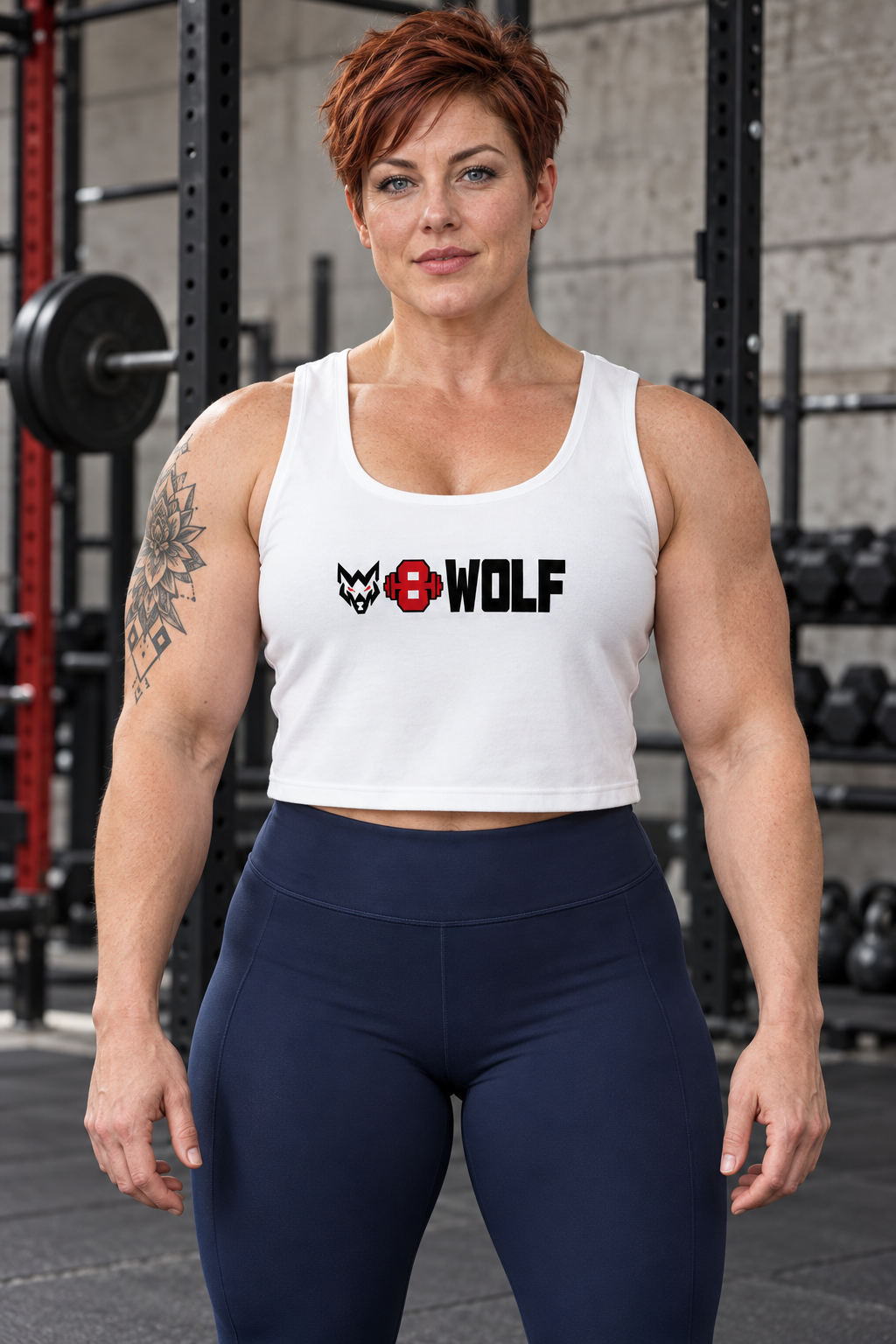 AI-generated original adult tattooed female powerlifter wearing White W8WOLF Essentials Cotton Crop Top in an urban strength gym. Actual wide straps scoop neck and original black wolf red eyes red barbell8 WOLF chest print retained. Navy leggings styling only.