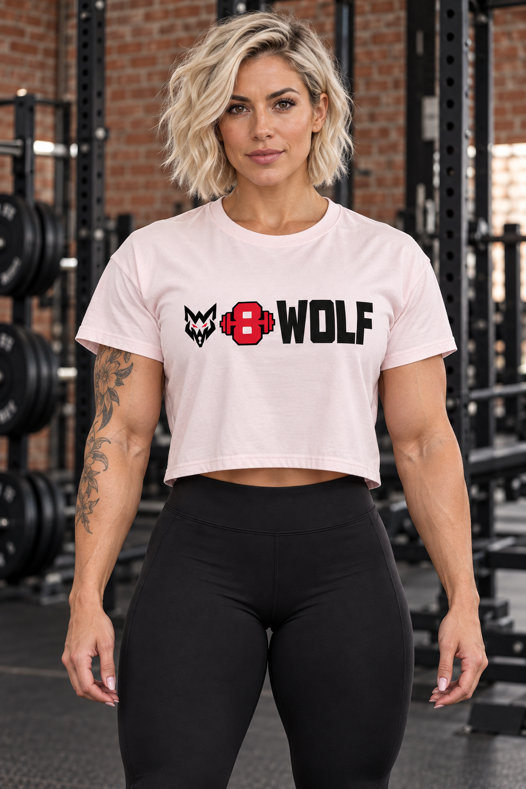 AI-generated original adult tattooed female bodybuilder wearing Orchid W8WOLF Essentials Cropped Tee in an urban strength gym. Actual pale Orchid relaxed crop cut and original black wolf red eyes red barbell8 WOLF front mark retained. Leggings styling only; other colors preserved.