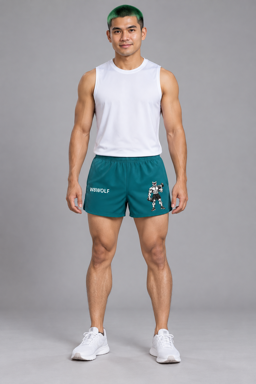 AI-generated original adult model visualization wearing Teal W8WOLF Iron Curl Athletic Short Shorts with original red-eyed curl wolf on left thigh and white W8WOLF on right; supplier front and back retained. Styling top and shoes not included.