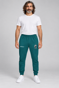 AI-generated original adult model visualization wearing Teal W8WOLF Iron Curl Fleece Joggers with original red-eyed curl wolf on left thigh and white W8WOLF on right; four original supplier garment views retained. Styling top and shoes not included.