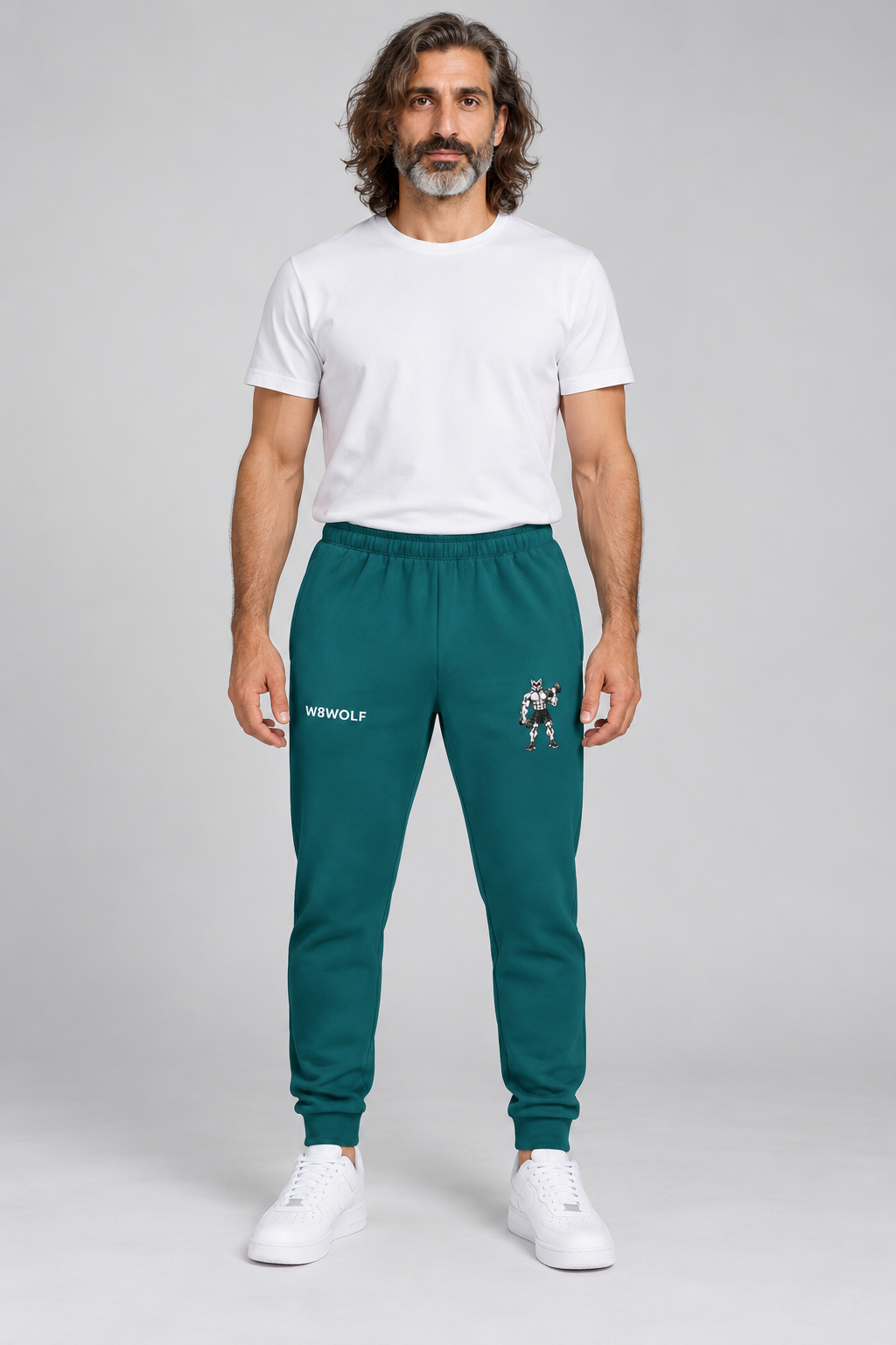 AI-generated original adult model visualization wearing Teal W8WOLF Iron Curl Fleece Joggers with original red-eyed curl wolf on left thigh and white W8WOLF on right; four original supplier garment views retained. Styling top and shoes not included.