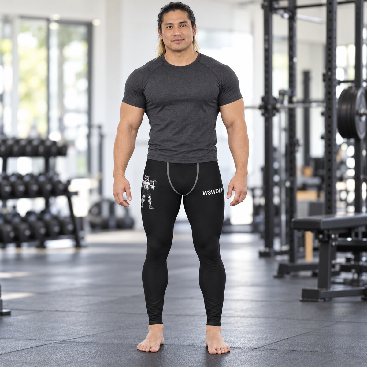 AI-generated original adult model visualization wearing Black W8WOLF Iron Curl Mens Leggings, original red-eyed curl wolf on right thigh and separate white W8WOLF on left thigh; supplier front and back views retained. Styling shirt not included.