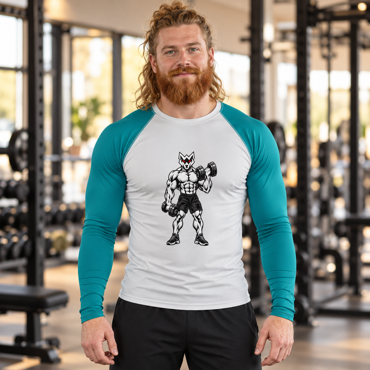 AI-generated original adult model visualization wearing Teal W8WOLF Iron Curl Long-Sleeve Rash Guard with chalk front and original red-eyed curl wolf; four original supplier views include dark teal WEIGHTWOLF back. Styling pants not included.