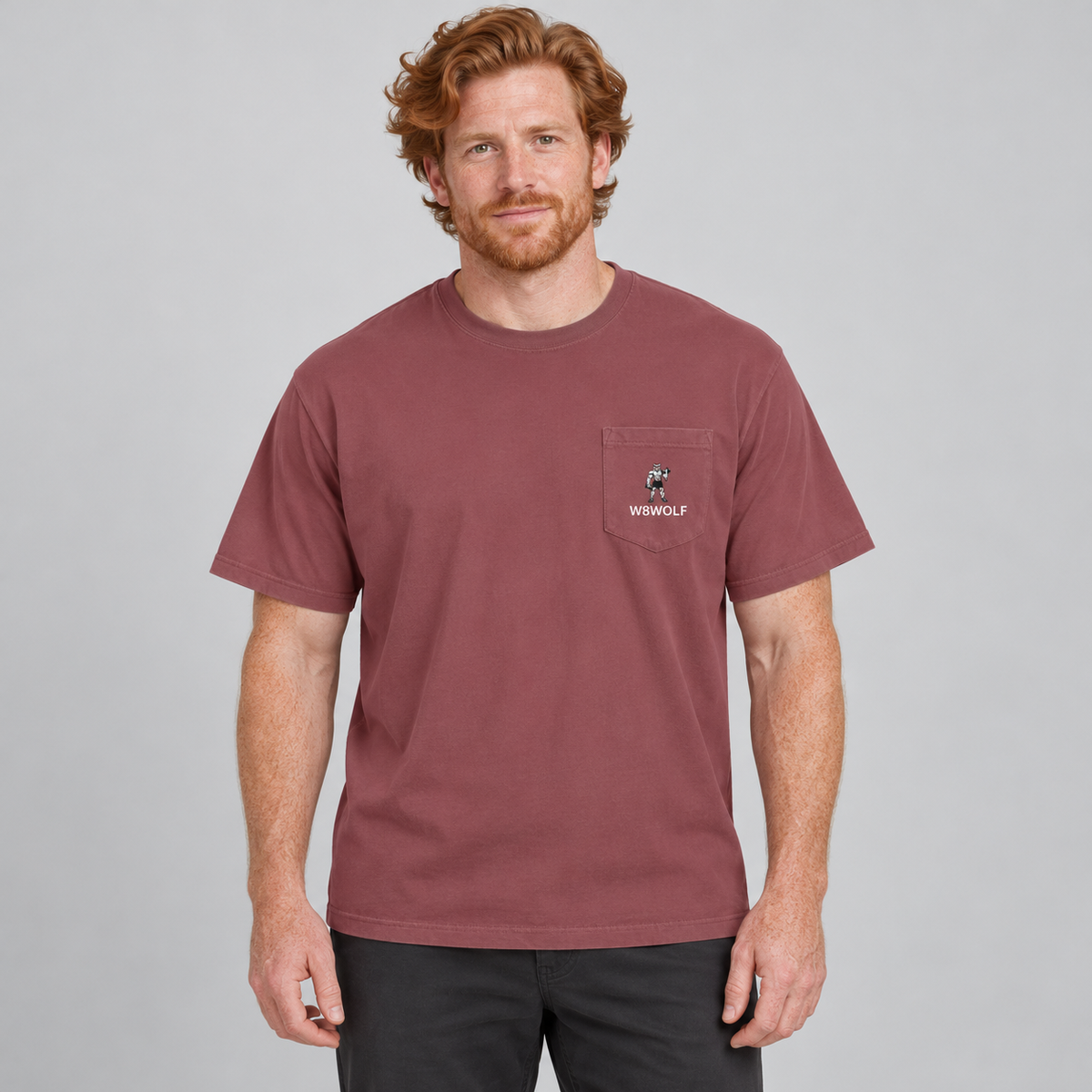 AI-generated original adult model visualization wearing Brick W8WOLF Iron Curl Pocket Tee with small red-eyed wolf and white wordmark on left chest pocket; original supplier front and back views retained.