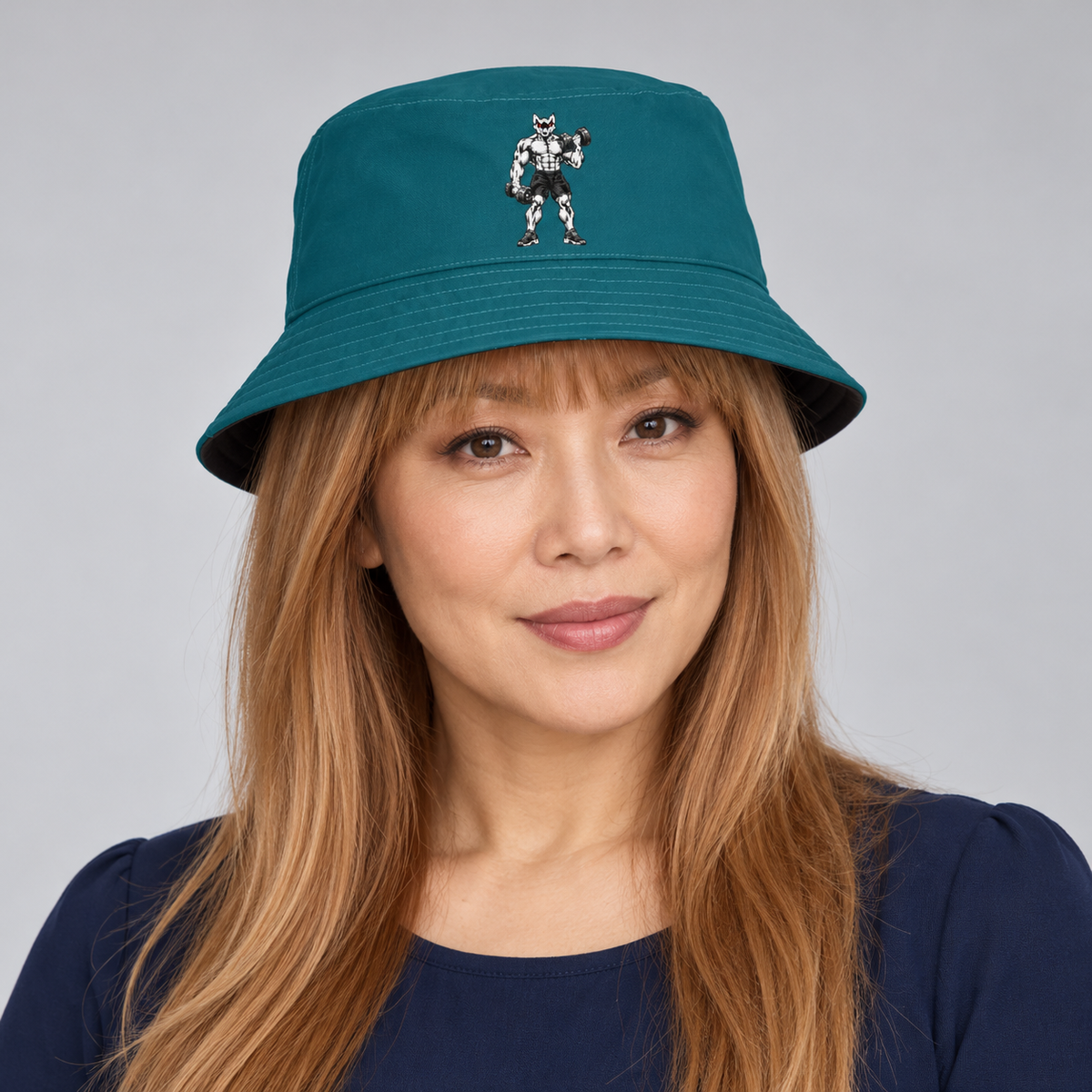 AI-generated original adult model visualization wearing teal side of W8WOLF Iron Curl Reversible Bucket Hat with original red-eyed curl wolf; original supplier front, wordmark back and distinct black reverse views retained.