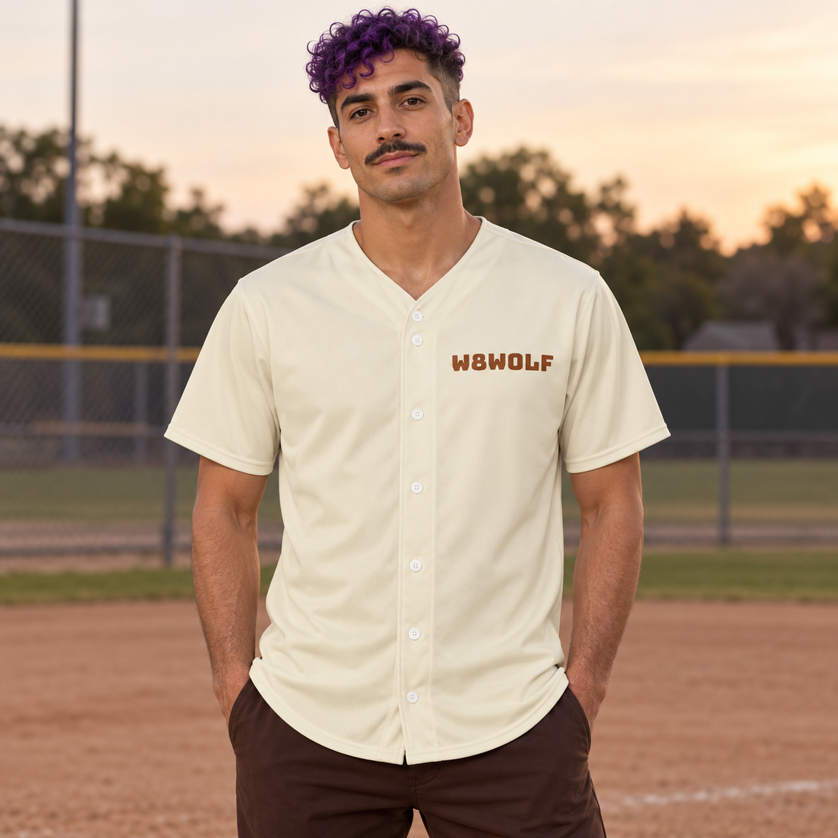 AI-generated original adult model visualization wearing the Cream WEIGHTWOLF Deadlift Baseball Jersey with copper-brown W8WOLF chest wordmark; original supplier front and red-eyed deadlift-wolf back views retained.