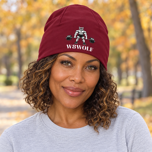 AI-generated original adult model visualization wearing Burgundy W8WOLF Iron Deadlift Beanie with original red-eyed lifting wolf and separate white serif wordmark; original supplier front and back photos retained. Styling shirt not included.