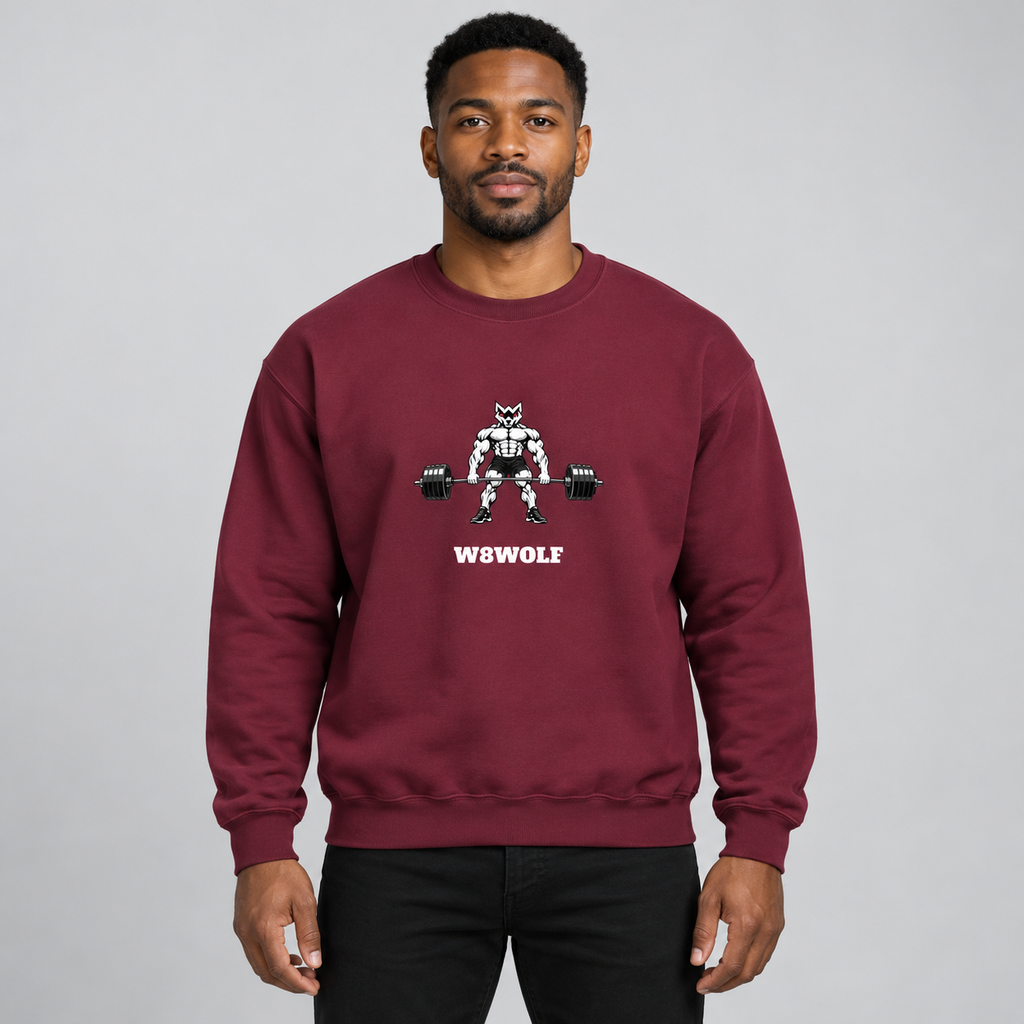 AI-generated original adult model visualization wearing Maroon W8WOLF Iron Deadlift Crewneck with original red-eyed wolf and separate white slab-serif wordmark; original supplier front and back images retained.