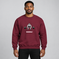 AI-generated original adult model visualization wearing Maroon W8WOLF Iron Deadlift Crewneck with original red-eyed wolf and separate white slab-serif wordmark; original supplier front and back images retained.