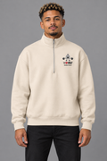 AI-generated original adult model visualization wearing Dust W8WOLF Iron Deadlift Heavyweight Half-Zip with original small left-chest wolf, barbell emblem and WEIGHTWOLF lettering; supplier front and back retained.
