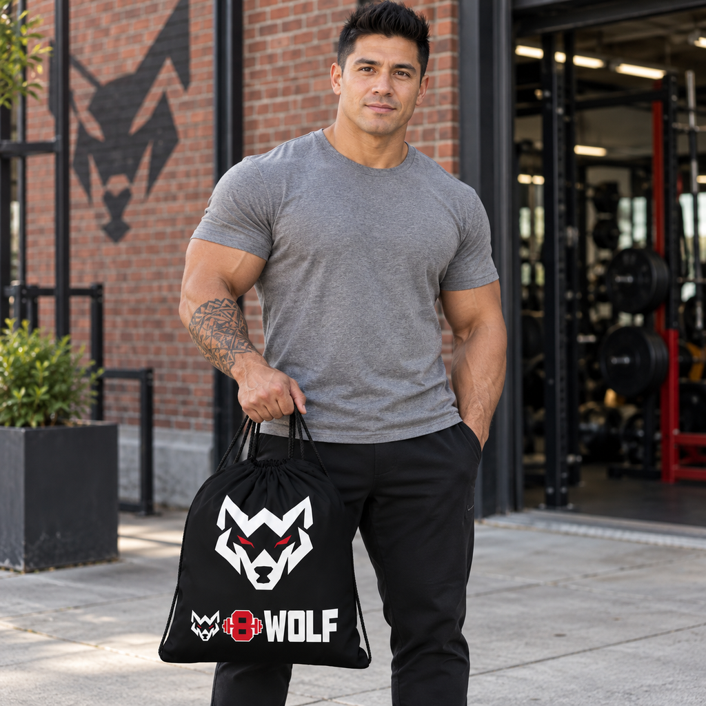 AI-generated original adult tattooed male bodybuilder carrying W8WOLF Bold Wolf Drawstring Bag Black in a fictional urban gym setting. Actual black drawcord bag large white wolf red eyes and lower original white wolf red barbell8 WOLF design retained. Clothing styling only.