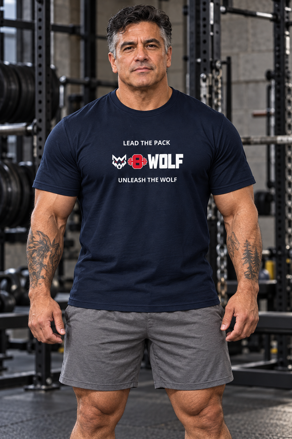 AI-generated original adult tattooed male powerlifter wearing Navy W8WOLF Lead the Pack Unleash the Wolf Tee in an urban strength gym. Actual white slogans and original white wolf red eyes red barbell8 WOLF front design retained. Shorts styling only; Black variants preserved.
