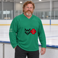 AI-generated original adult model visualization wearing WEIGHTWOLF Emerald Ice W8 Hockey Fan Jersey with original red-eyed wolf, red barbell 8 and cream sleeve emblem; original supplier front and back views retained.