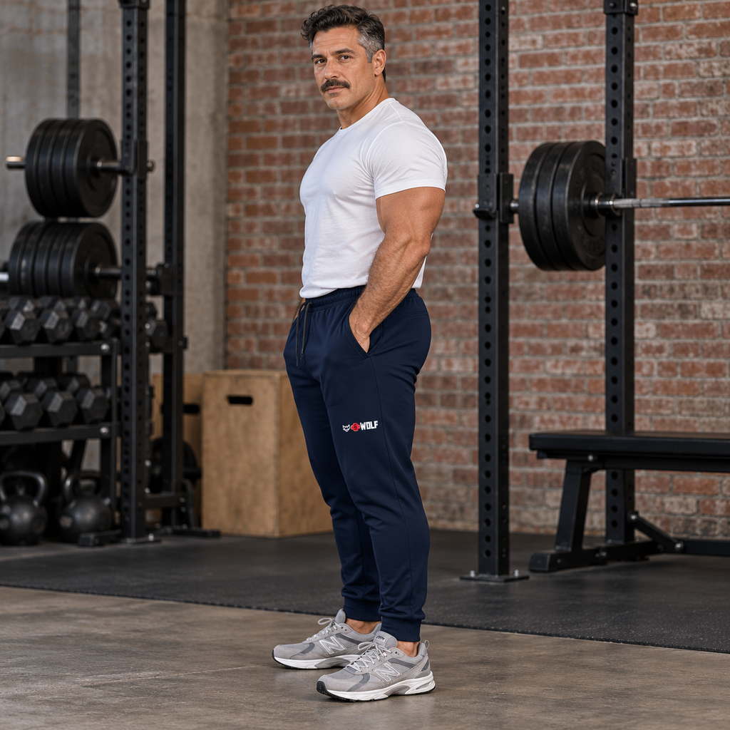 AI-generated original adult male powerlifter wearing J Navy W8WOLF Essentials Signature Joggers in an urban brick strength gym. Side logo, drawcord and cuff construction retained. White tee and gray shoes styling only. Other color supplier photos preserved.