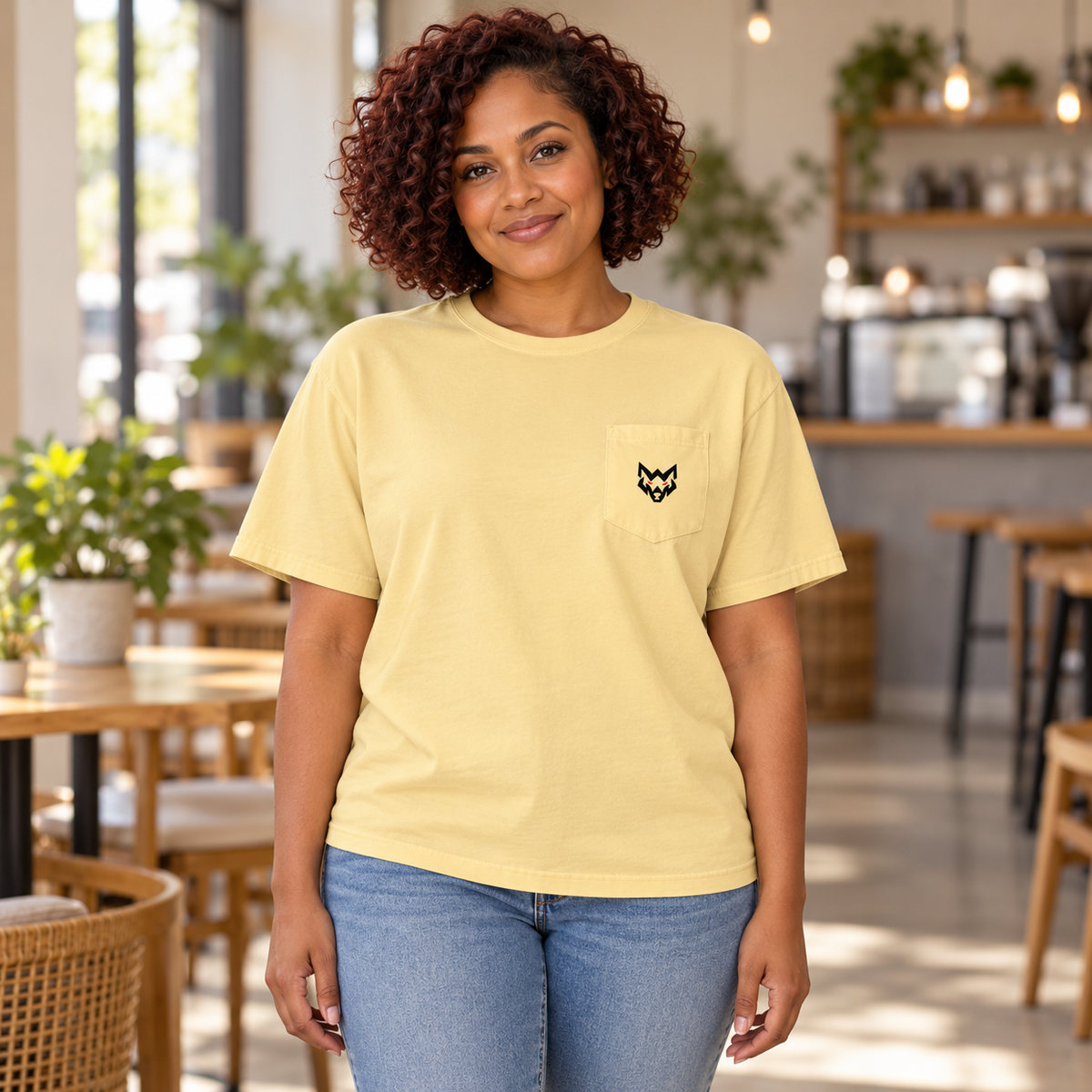 AI-generated original adult model visualization wearing Butter W8WOLF Essentials Garment-Dyed Wolf Pocket Tee with original small black red-eyed wolf on left chest pocket. All twelve supplier garment images retained, including Violet and White. Jeans are styling only.