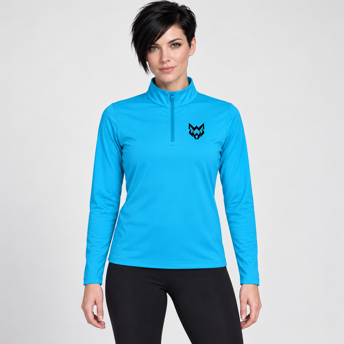 AI-generated original adult model visualization wearing Atomic Blue W8WOLF Essentials Quarter-Zip Training Pullover with original small black wolf and red eyes on left chest. All six original supplier garment images retained. Black leggings are styling only.