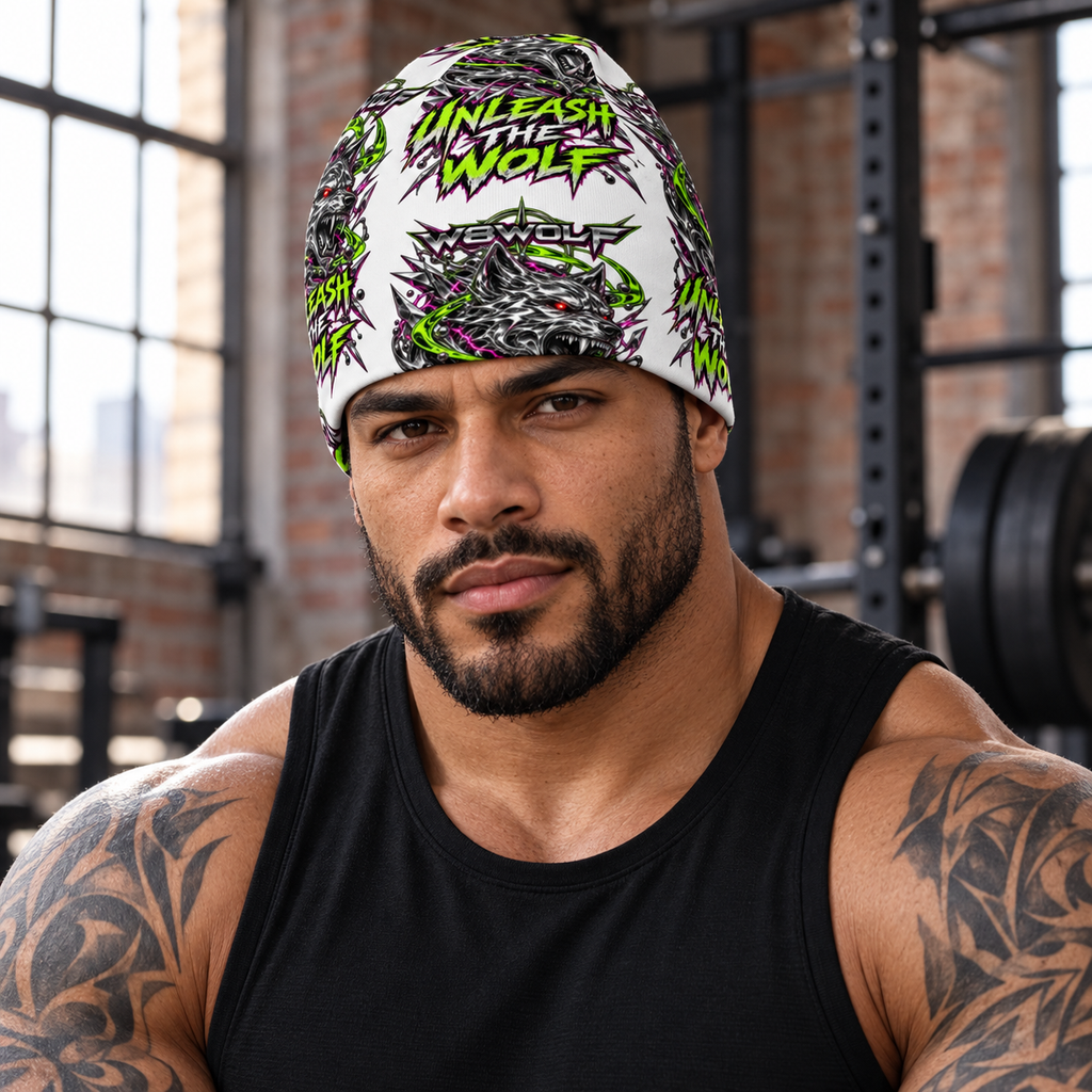 AI-generated original adult tattooed bodybuilder model in an urban gym wearing W8WOLF Feral Frequency Unleash the Wolf Beanie with actual lime/magenta wolf pattern. Original supplier garment images retained. Training top is styling only.