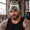 AI-generated original adult tattooed bodybuilder model in an urban gym wearing W8WOLF Feral Frequency Unleash the Wolf Beanie with actual lime/magenta wolf pattern. Original supplier garment images retained. Training top is styling only.