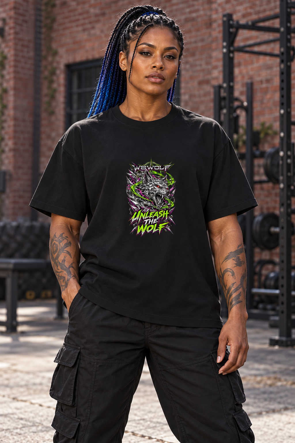 AI-generated original adult tattooed female bodybuilder wearing W8WOLF Feral Frequency Unleash the Wolf Boxy Tee in an urban gym courtyard. Actual black boxy cut and original metallic wolf red eye lime magenta artwork and slogan retained. Cargo pants styling only.
