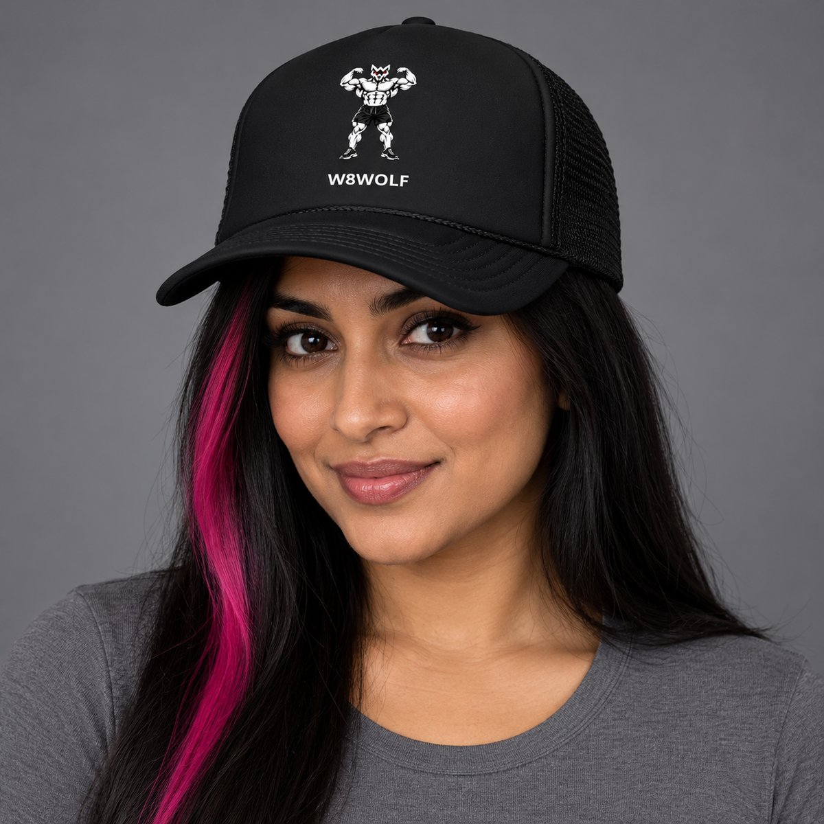 AI-generated original adult model visualization wearing Black W8WOLF Iron Flex Foam Trucker Hat with original red-eyed double-biceps wolf and separate white wordmark; supplier Black front and back views retained. Other color options remain separate.