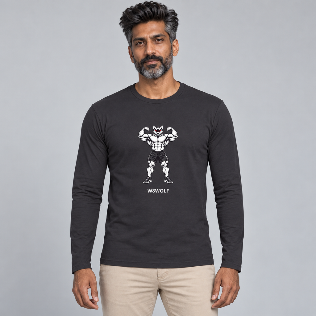 AI-generated original adult model visualization wearing Heavy Metal W8WOLF Iron Flex Fitted Long Sleeve with original red-eyed double-biceps wolf and separate white wordmark; original supplier front and back retained.