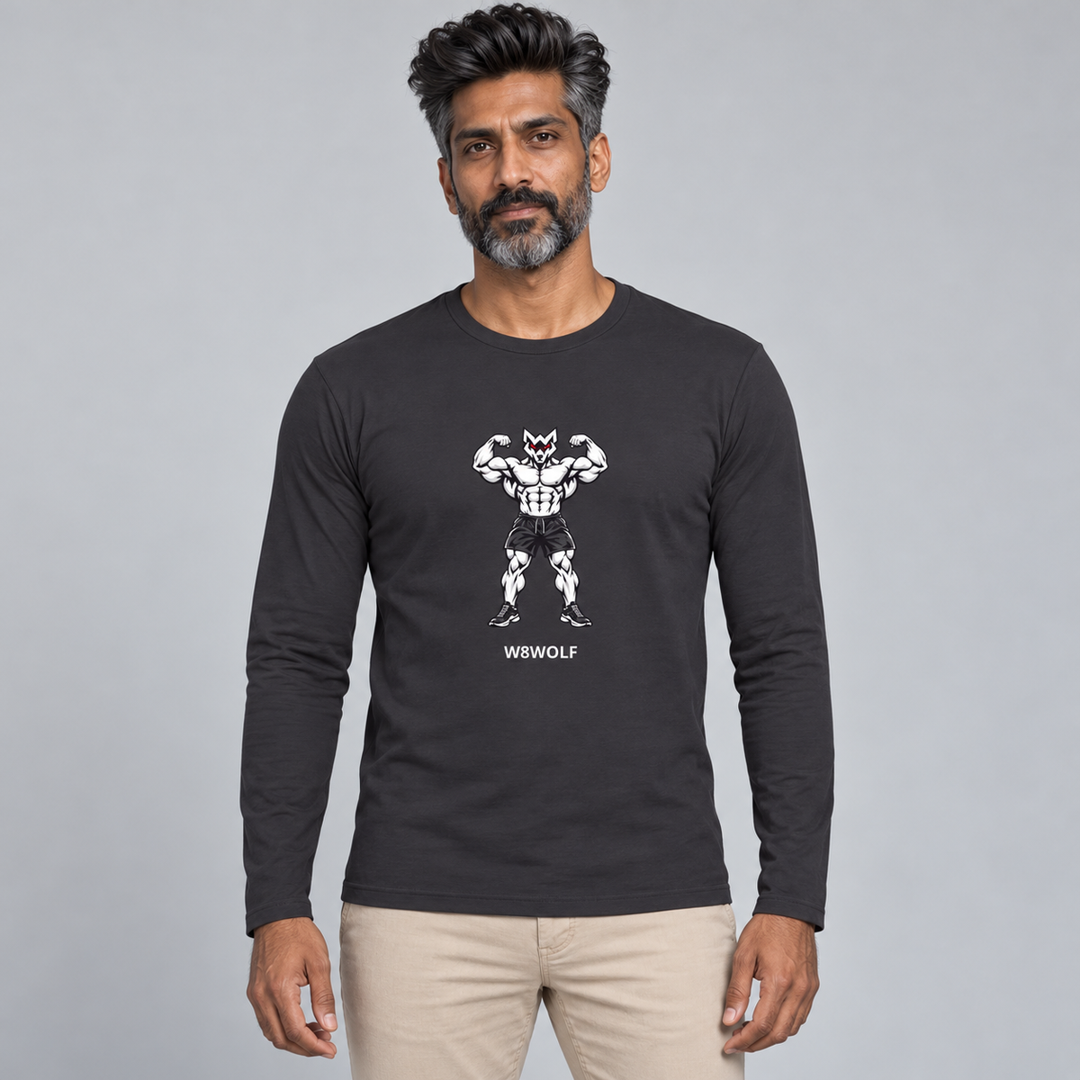 AI-generated original adult model visualization wearing Heavy Metal W8WOLF Iron Flex Fitted Long Sleeve with original red-eyed double-biceps wolf and separate white wordmark; original supplier front and back retained.