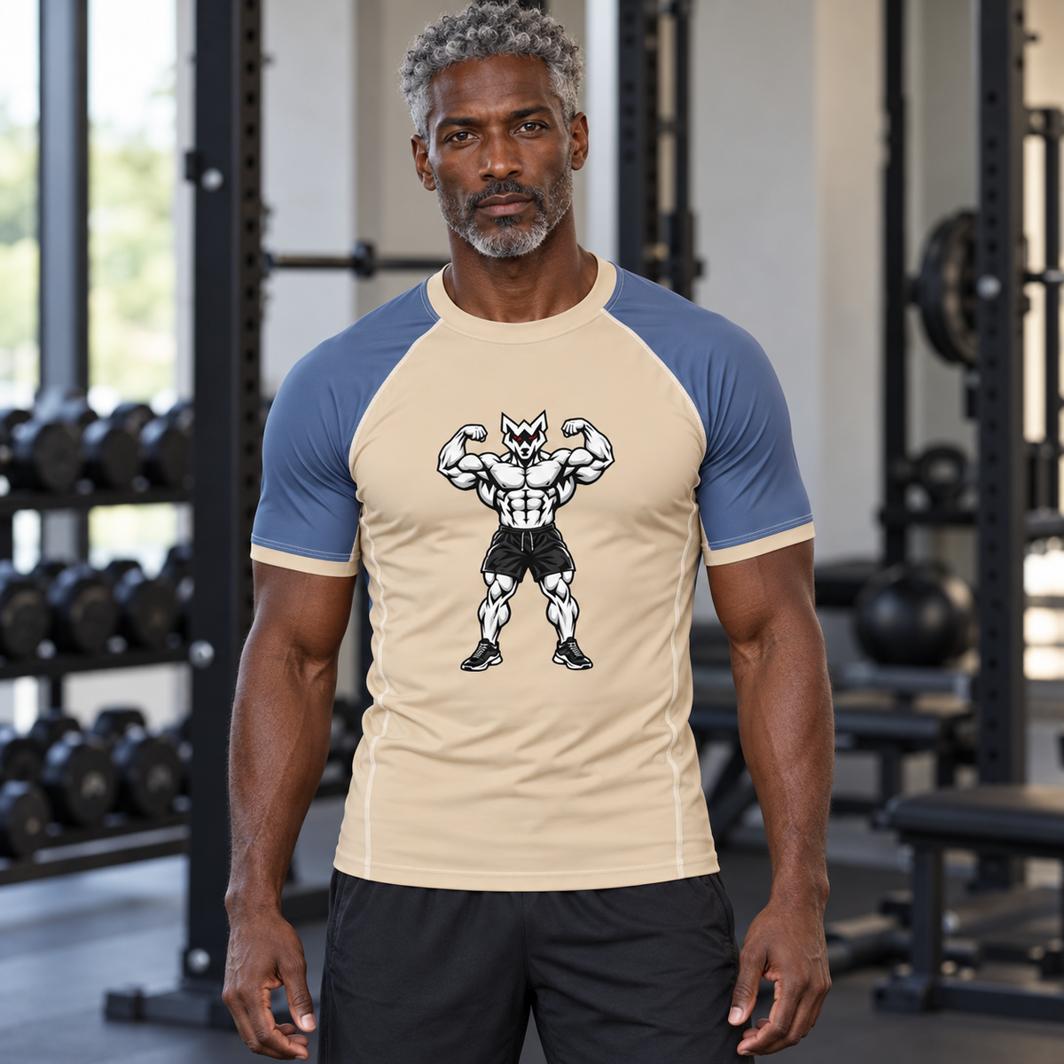 AI-generated original adult model visualization wearing W8WOLF Iron Flex Short-Sleeve Rash Guard in Stone and Steel, original red-eyed double-biceps wolf on front; supplier front and geometric WEIGHTWOLF back views retained. Styling shorts not included.