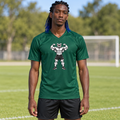 AI-generated original adult model visualization wearing Forest W8WOLF Iron Flex Soccer Jersey with original red-eyed double-biceps wolf; original supplier front and citron WEIGHTWOLF back views retained.