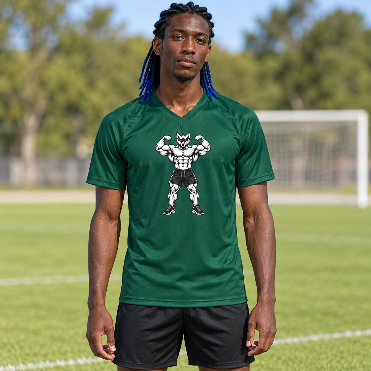 AI-generated original adult model visualization wearing Forest W8WOLF Iron Flex Soccer Jersey with original red-eyed double-biceps wolf; original supplier front and citron WEIGHTWOLF back views retained.