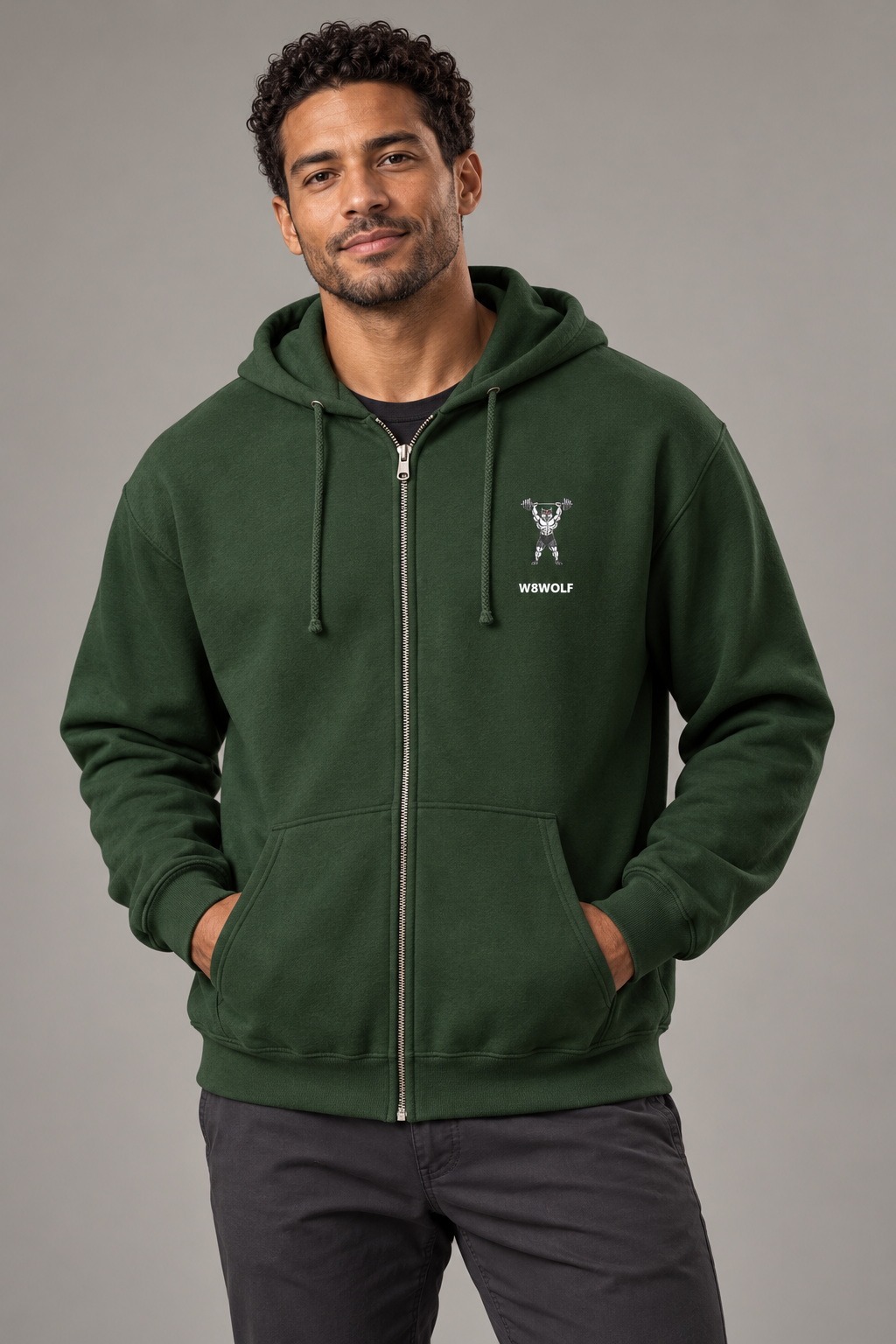 AI model visualization wearing W8WOLF Iron Press forest green zip hoodie with original wolf and white chest wordmark; supplier front and back views included.