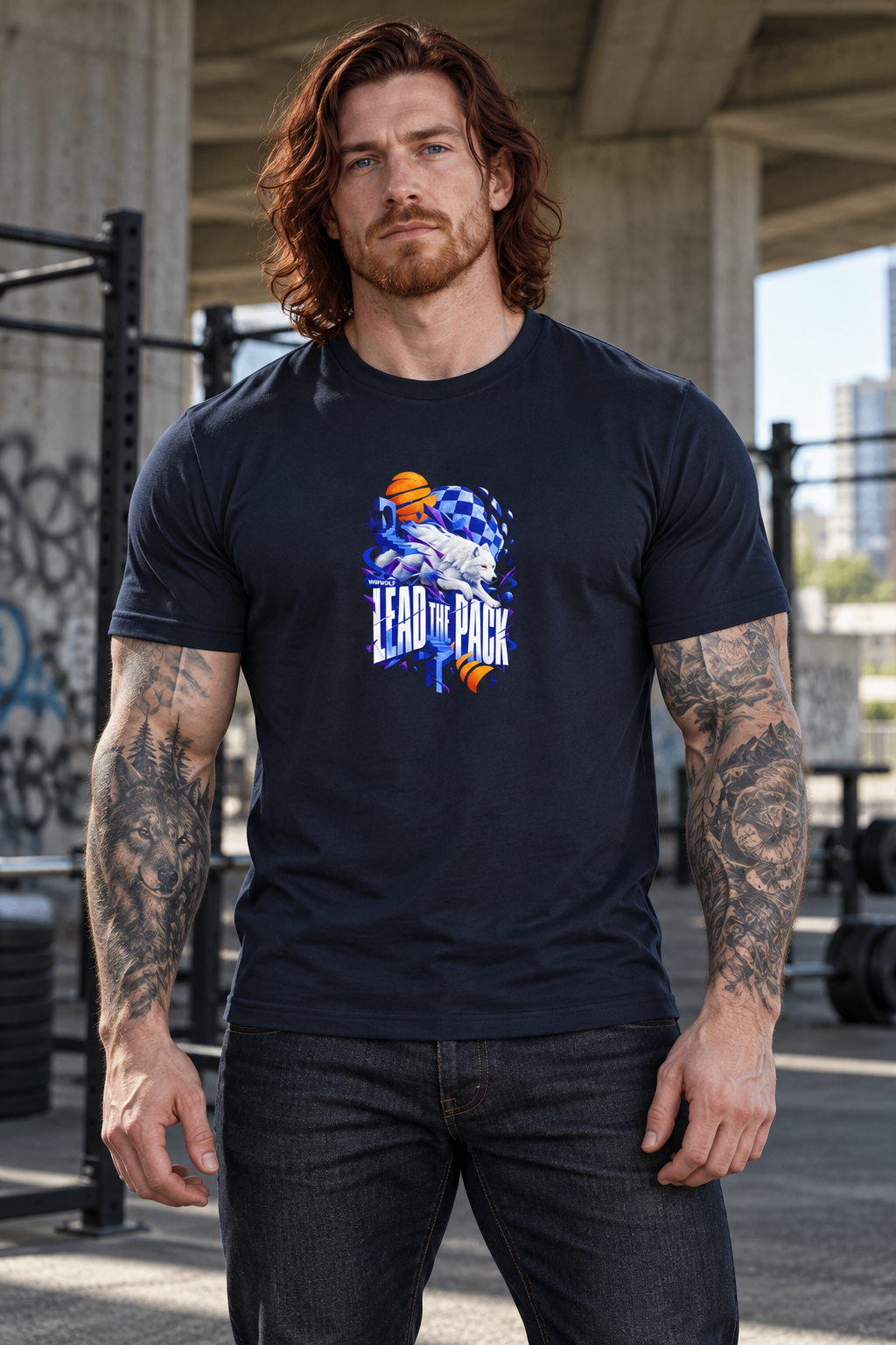 AI-generated original adult tattooed male bodybuilder wearing Navy W8WOLF Fractured Orbit Lead the Pack Tee at an urban outdoor strength gym. Original wolf checkerboard orbit artwork and LEAD THE PACK slogan retained. Jeans styling only; Black variant supplier images retained.