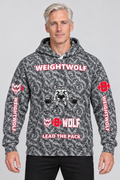 AI-generated original adult model visualization wearing WEIGHTWOLF Grayscale Overload Premium Cotton Hoodie with red-outlined slogans and original lifting wolf artwork; supplier front and back views retained.