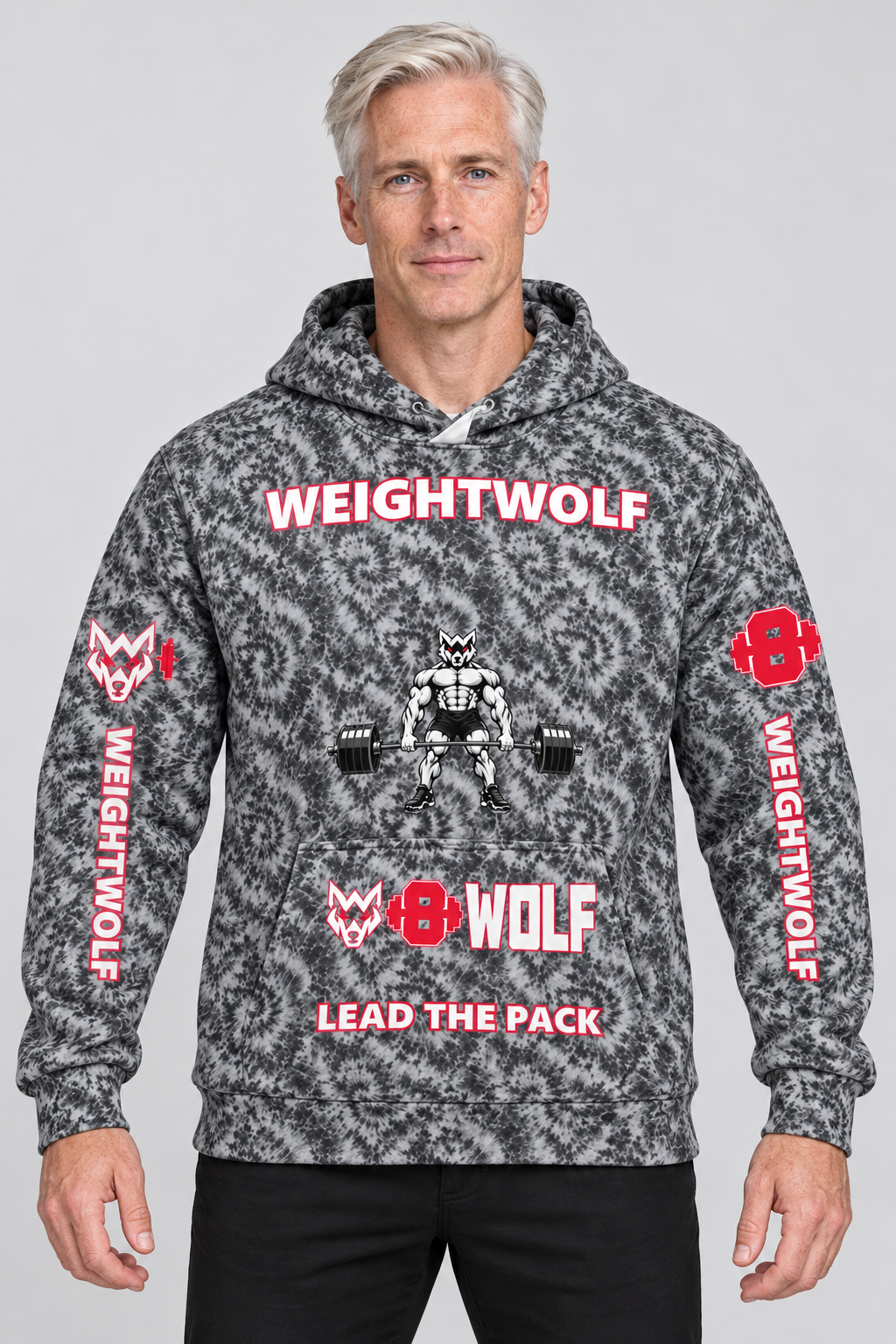 AI-generated original adult model visualization wearing WEIGHTWOLF Grayscale Overload Premium Cotton Hoodie with red-outlined slogans and original lifting wolf artwork; supplier front and back views retained.