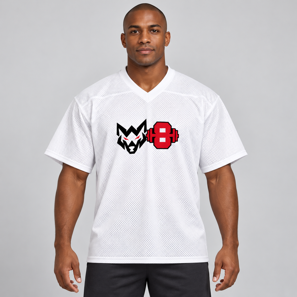 AI-generated original adult model visualization wearing WEIGHTWOLF Gridiron W8 Jersey in White with original black wolf head, red eyes and red barbell 8 chest mark; all five original supplier garment views retained. Pants are styling only.