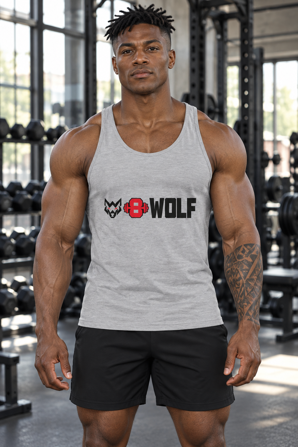 AI-generated original adult tattooed male bodybuilder wearing Athletic Heather W8WOLF Essentials Unisex Gym Tank in an urban strength gym. Actual scoop neck cut and original black wolf red eyes red barbell8 WOLF front print retained. Shorts styling only; White variants preserved.