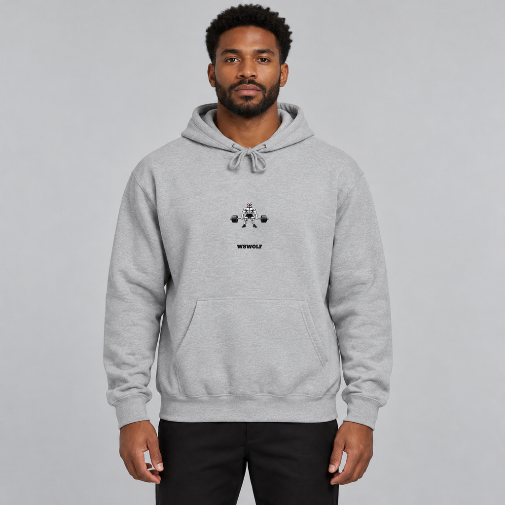 AI-generated original adult model visualization wearing the Heather Grey W8WOLF Iron Deadlift Heavyweight Hoodie with compact red-eyed wolf and separate black wordmark; original supplier front and back views retained.